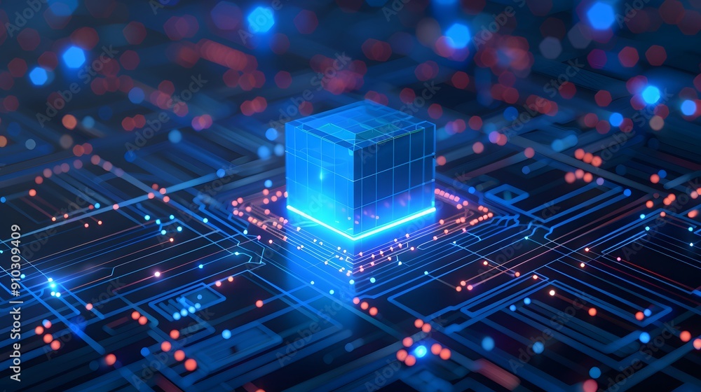 Poster futuristic glowing cube on a digital circuit, symbolizing advanced technology, ai, and data processi