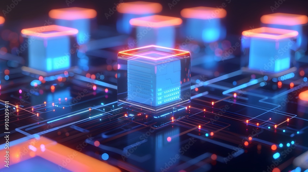 Poster futuristic glowing cubes representing a digital circuit board, symbolizing blockchain technology, da