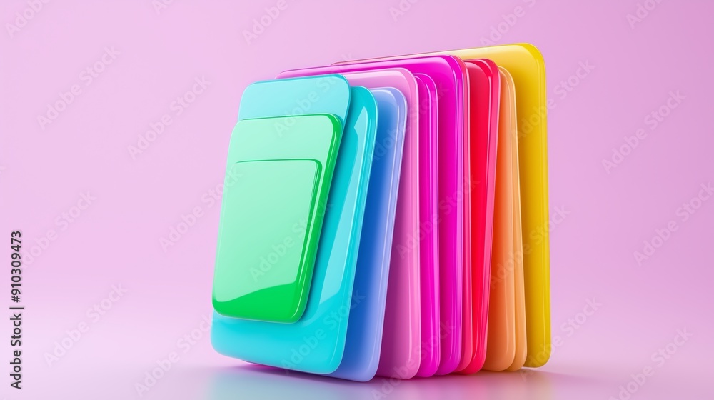Poster a stack of colorful squares with a pink background. the squares are in different colors and are arra