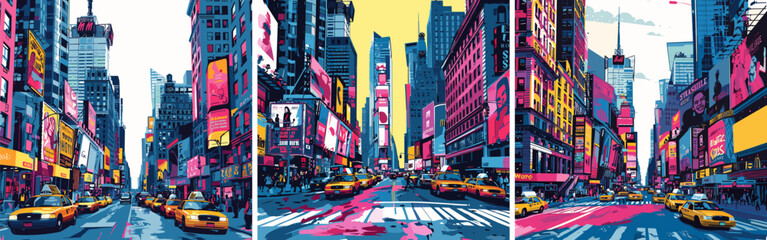 Obraz premium Broadway metropolitan cityscape cartoon vector concepts. Tall buildings taxis cars signs vibrant architecture structures lights advertisements movement downtown centre illustrations