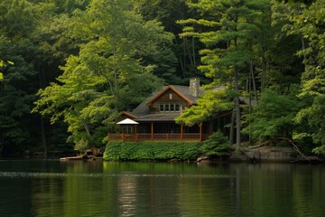 A serene lakefront house with lush greenery, Imagine the beauty of a serene lakeside retreat surrounded by lush forests., Ai generated