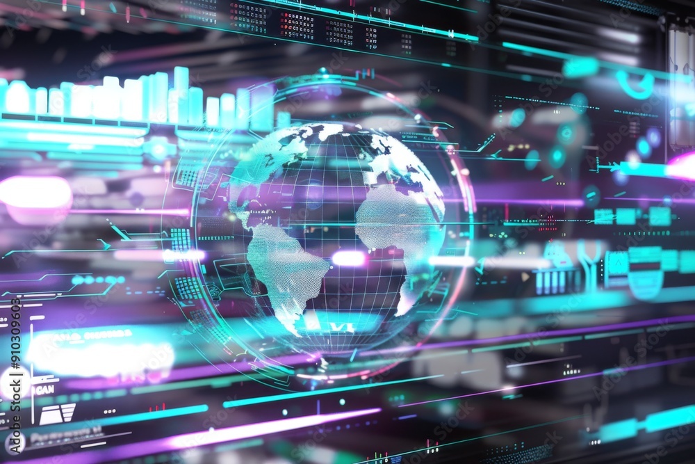 Aufkleber futuristic portrayal of global data analytics through digital elements.