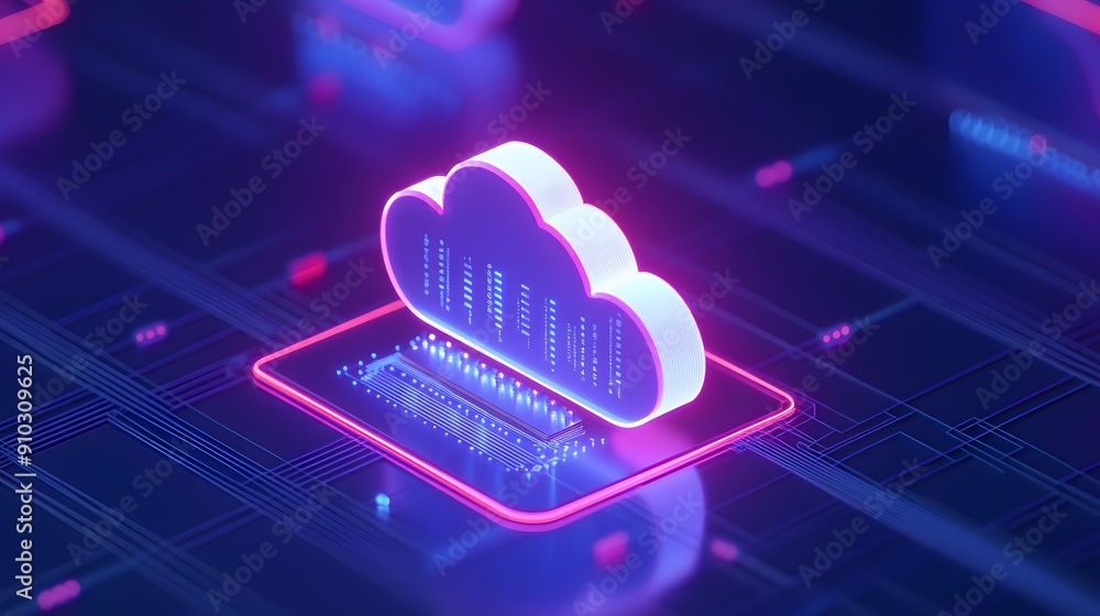 Poster futuristic glowing neon cloud computing concept on a digital circuit board, representing data storag