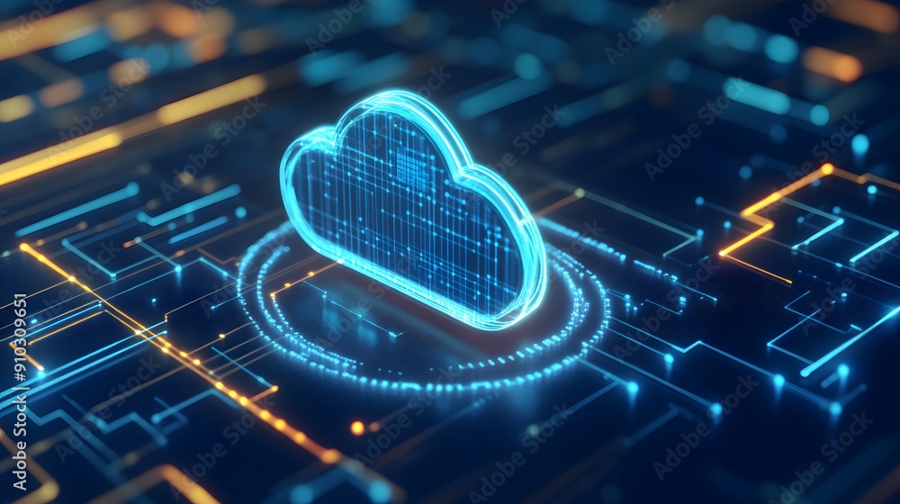 Poster futuristic glowing neon cloud icon over digital circuit board background, representing cloud computi