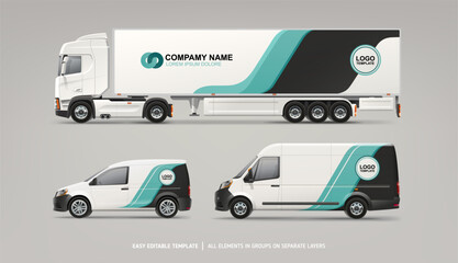 Realistic vector Van, Truck, Delivery Car mockup with graphics design for branding and corporate identity. Abstract graphics of blue stripes for  vehicle branding and advertising
