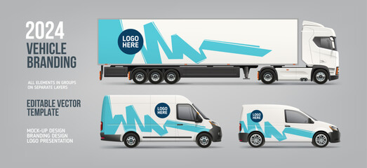 Realistic vector Van, Truck, Delivery Car mockup with graphics design for branding and corporate identity. Abstract graphics of blue stripes for  vehicle branding and advertising © VRTX