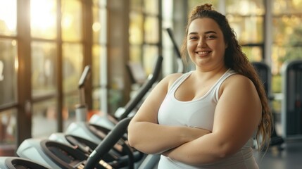 Fototapeta premium portrait of overweight women at the gym, sports fitness exercise body health. exercising weight training fit diet, active healthy.