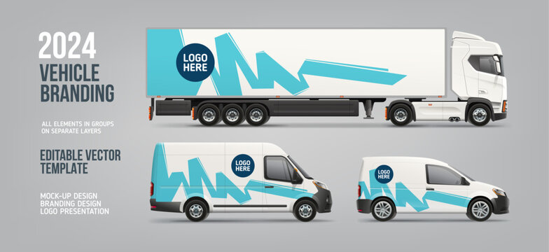 Realistic vector Van, Truck, Delivery Car mockup with graphics design for branding and corporate identity. Abstract graphics of blue stripes for  vehicle branding and advertising