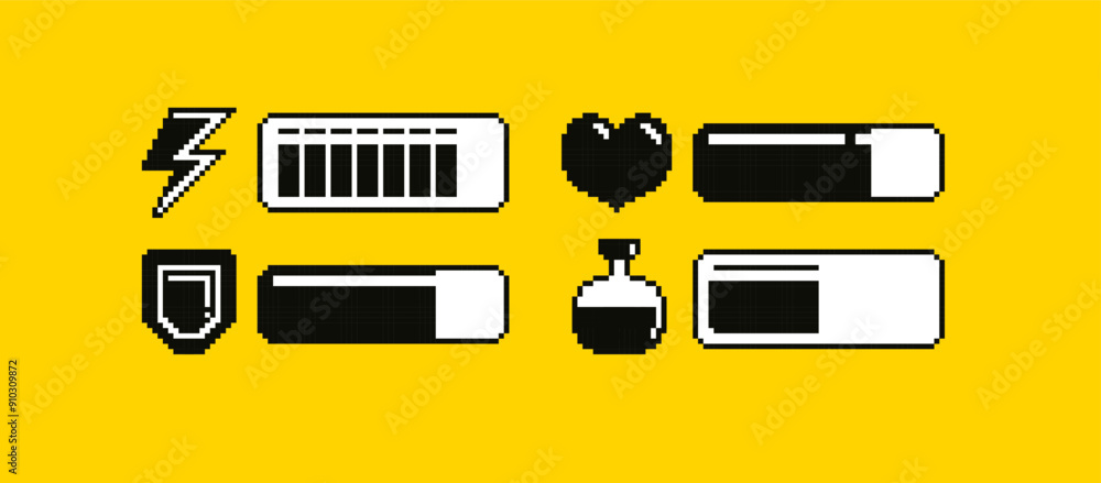 Poster Retro 8-bit game loading progress bar pixel elements set with health scale hearts. Retro video game design  with health loading scale, energy. Arcade video game inerface elements ( editable vector )