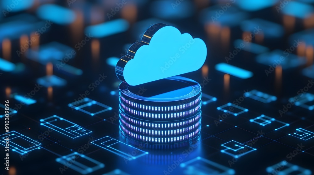 Poster futuristic illustration of cloud computing and data management with neon blue cloud icon over digita