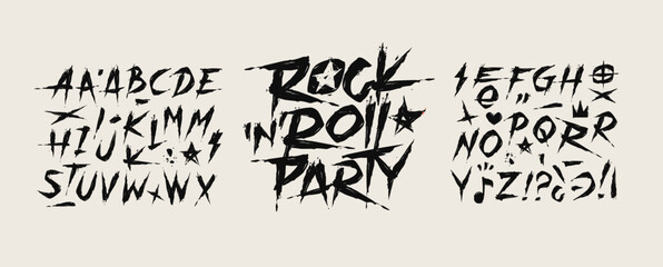 Rock Music Party grunge type font alphabet with signs and symbols (editable vector set 2). Street Art grunge type font. Punk and Rock n Roll style elements collection for tee print and textile design
