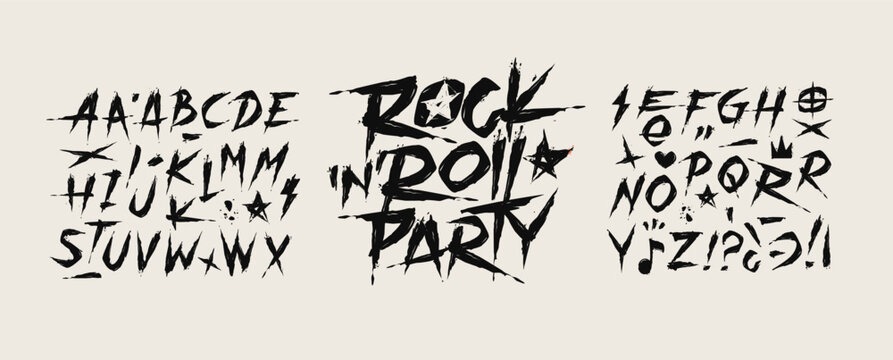 Rock Music Party grunge type font alphabet with signs and symbols (editable vector set 2). Street Art grunge type font. Punk and Rock n Roll style elements collection for tee print and textile design