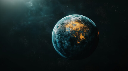 Image showcases a blue planet with glowing orange regions, set against a dark cosmic background, highlighting the contrast between illuminated and dark areas.