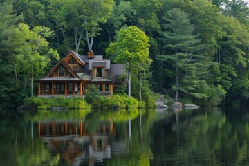 A house by the lake with trees in the background., Imagine the beauty of a serene lakeside retreat surrounded by lush forests., Ai generated