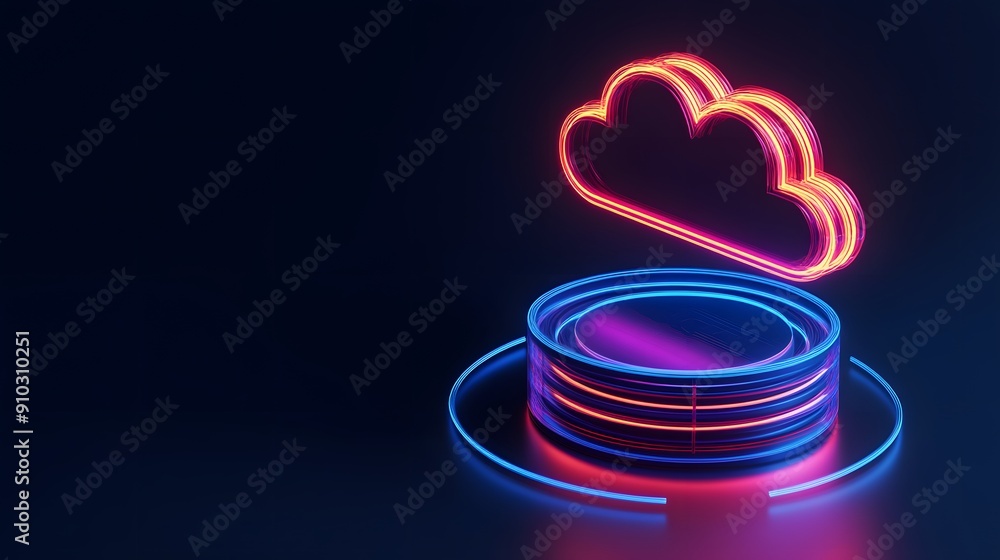 Poster futuristic neon cloud and server concept, glowing red and blue lights on dark background representin