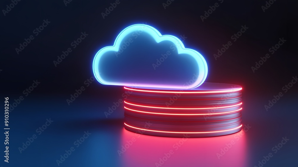 Poster futuristic neon cloud and server stack, symbolizing cloud computing and data storage in a tech-centr