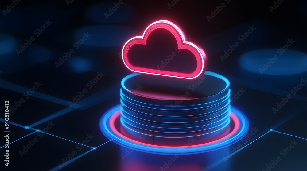 Poster futuristic neon cloud computing concept, digital data storage, network technology, server database, 