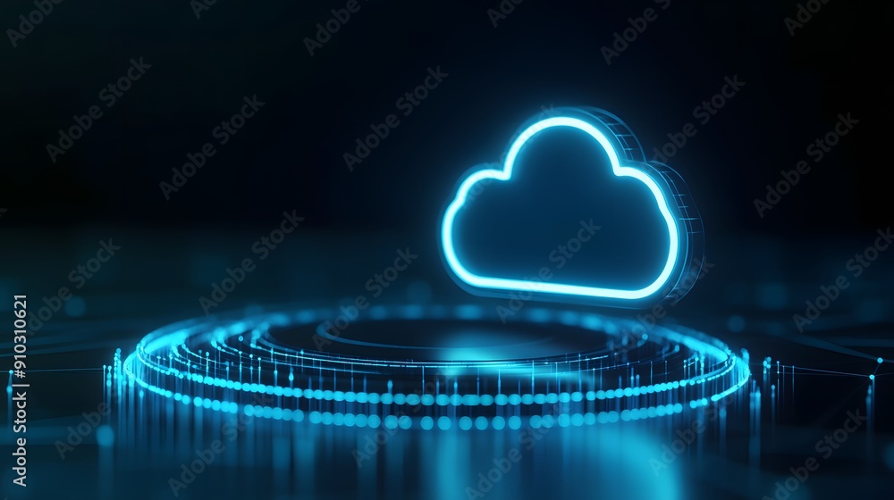 Poster futuristic neon cloud computing concept with digital elements depicting a modern tech interface in a
