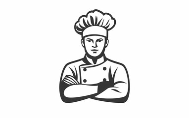 Minimalist black and white chef icon in classic hat, bold and professional culinary logo design for branding, restaurant, kitchen, food industry