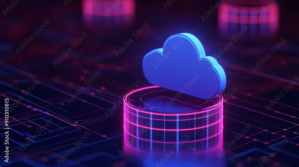 Poster futuristic neon cloud computing concept with glowing data networks and a 3d cloud symbol, illustrati