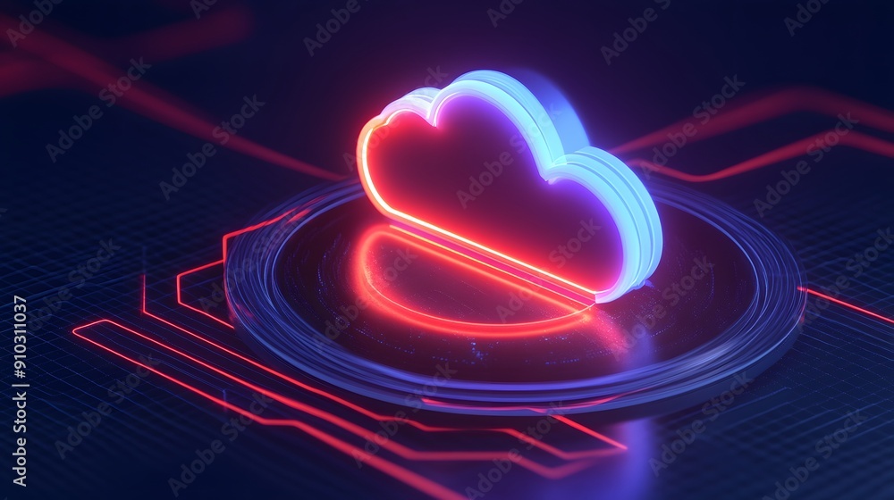 Poster futuristic neon cloud computing concept with glowing red and blue lights representing data storage a