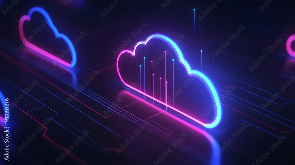 Poster futuristic neon cloud computing infrastructure concept with glowing cloud icons and digital data lin