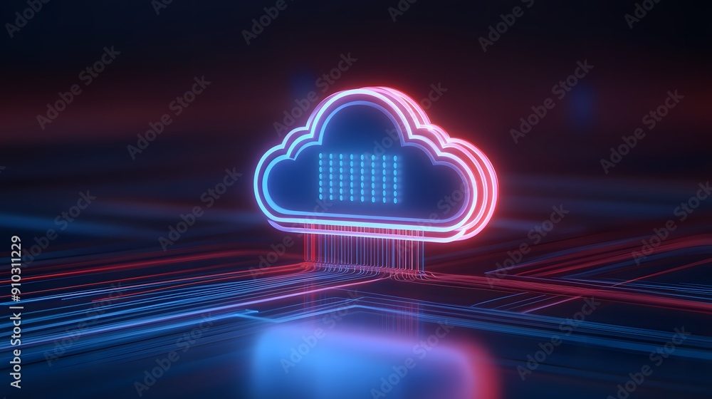 Poster futuristic neon cloud computing icon with glowing circuits, representing technology, data storage, a