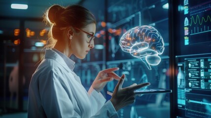 Female surgeon analyzing patient's brain with human anatomy on tablet, science and medical concept