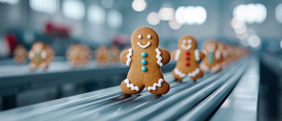 Conveyor belt lined with gingerbread men, illustrating the mass production of Christmas cookies 8K , high-resolution, ultra HD,up32K HD