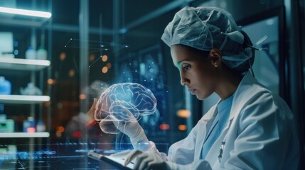 Female surgeon analyzing patient's brain with human anatomy on tablet, science and medical concept