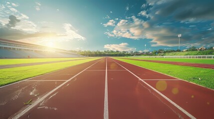 Empty running track with green grass and beautiful sky background in stadium arena for sport race