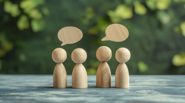 Wooden Figures Engaging in Conversation with Speech Bubbles