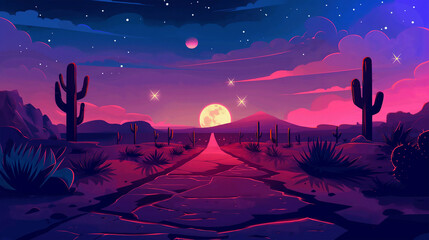 Naklejka premium The Night summer desert road, with sandy dunes, cactus and plants with full moon, game background, Illustration