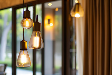 Obraz premium Warm, golden light bulbs hanging in a modern, minimalist interior, perfect for creating a cozy and inviting atmosphere. 