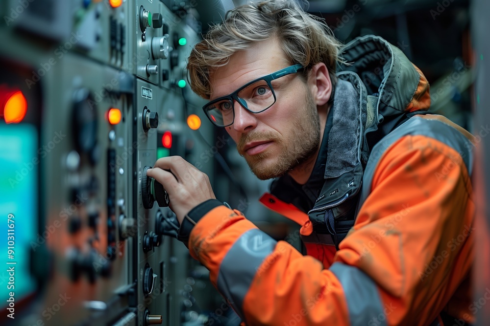 Poster engineer adjusting controls inside high-tech environment during evening hours
