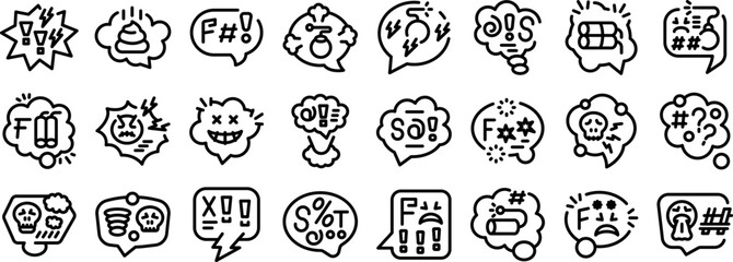 Swear speech bubble icons set. Set of icons representing people expressing negative emotions with swear words, insults, and aggressive symbols in speech bubbles