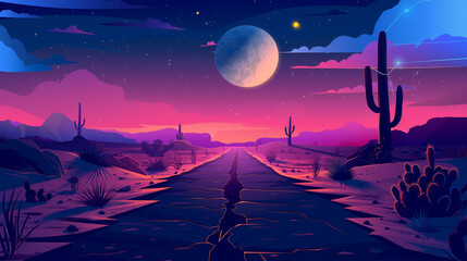 The Night summer desert road, with sandy dunes, cactus and plants with full moon, game background, Illustration