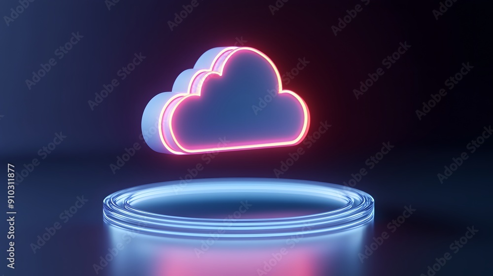 Aufkleber futuristic neon cloud icon hovering above a glowing platform, representing cloud computing and moder