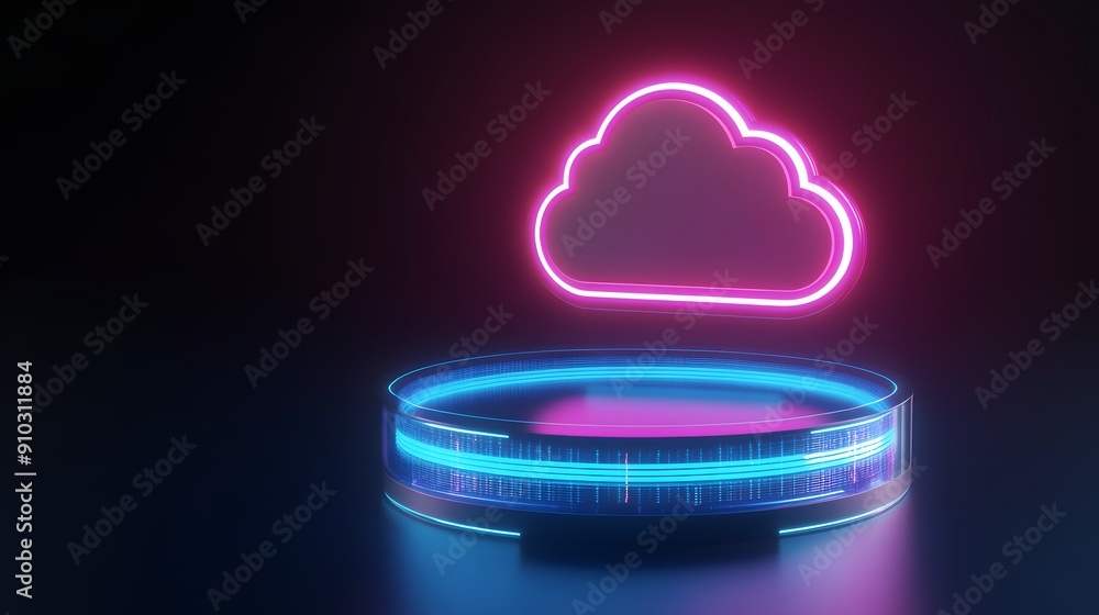 Poster futuristic neon cloud icon hovering over a digital platform, representing cloud computing, storage, 