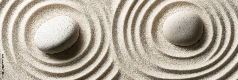 Poster two white rocks are placed in a circular pattern on a sandy surface. the rocks are positioned in suc