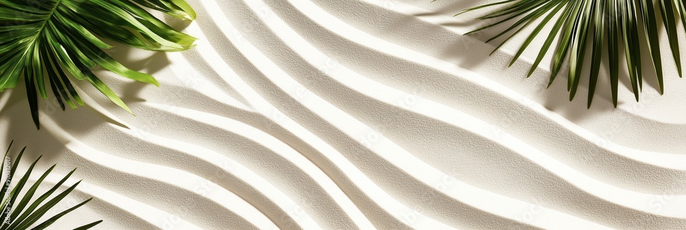 Poster a beach scene with a palm tree and a wave. concept of relaxation and tranquility, as the palm tree a