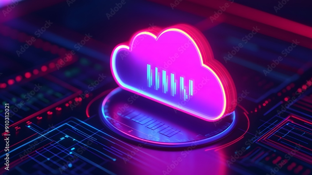 Poster futuristic neon cloud icon on a digital circuit board, representing the concept of cloud computing a