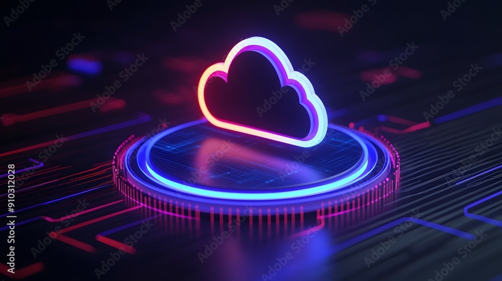 Poster futuristic neon cloud icon on a digital circuit board, representing cloud computing technology and i