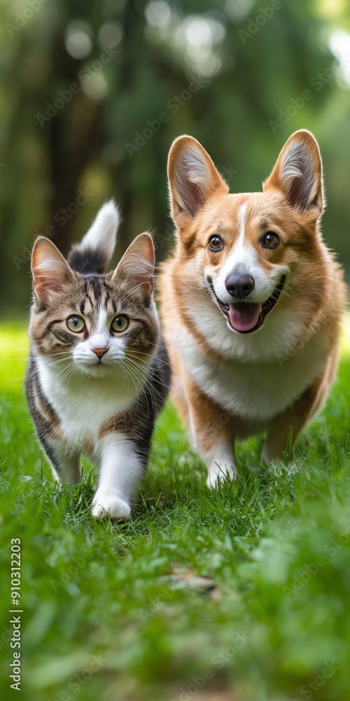 Poster a cat and a dog are running together in a grassy field. the dog is wagging its tail and the cat is l