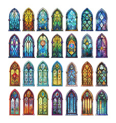 Colored crystal windows cartoon vector concepts. Chapel gothic elaborate ornament basilica vintage mosaic conventional craft medieval designs arched components isolated on white backdrop