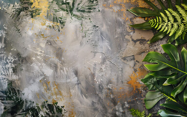 Tropical leaves on a textured grey background with gold accents, perfect for a summer or nature-themed design. 

