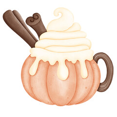 Thanksgiving menu pumpkin chocolate with whipped cream and vanilla on top watercolor