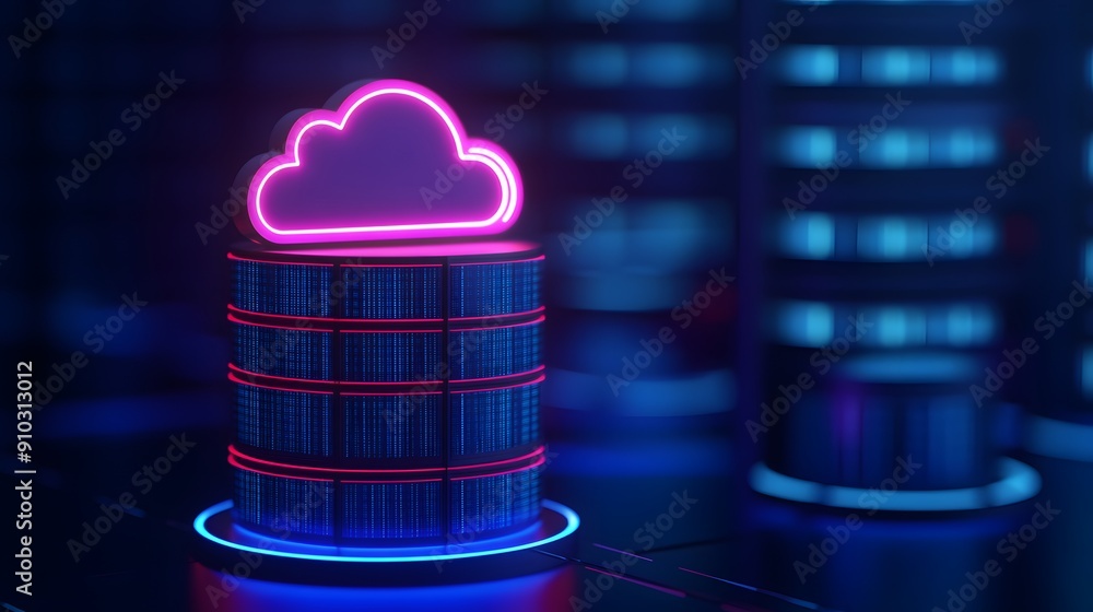 Poster futuristic neon cloud storage data center with glowing lights and server racks, symbolizing modern c