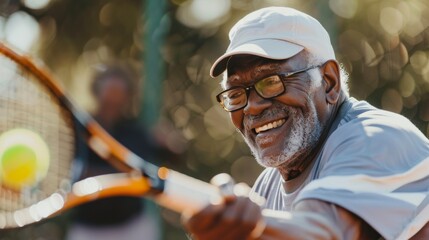 An elderly man smiles while hitting a tennis ball during his outdoor game
