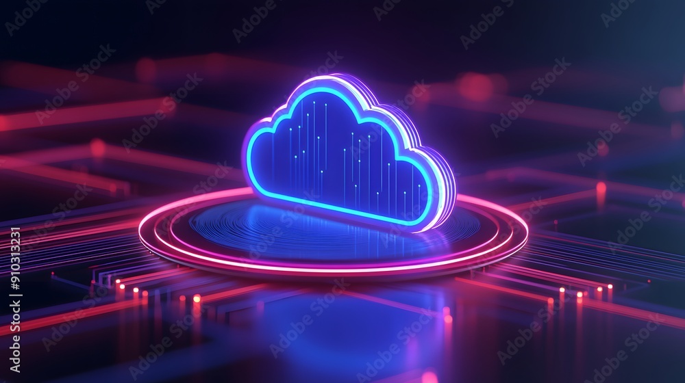 Aufkleber futuristic neon cloud symbolizing cloud computing and digital technology in a vibrant, glowing netwo
